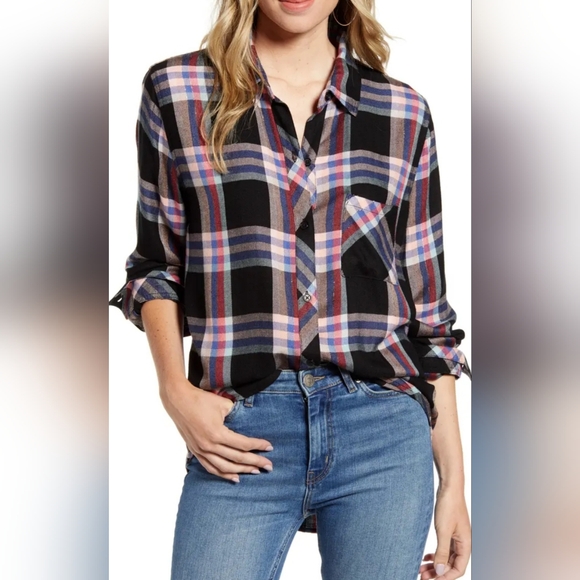 Rails Hunter Button-Down Plaid Top Women's M Black Melon Aqua Gold Relaxed Fit - Picture 14 of 14